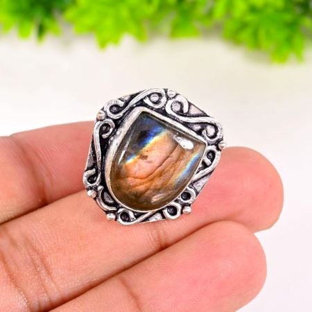 Handcrafted Oxidized Plated Ring with Oval Tiger Eye Gemstone for Women